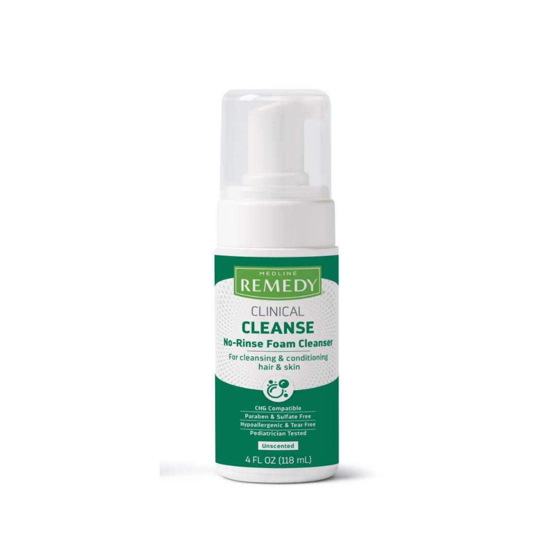 Medline Remedy Clinical No-Rinse Foam Cleanser - Body Wash & Shampoo, 4 fl oz, in a white and green bottle; hypoallergenic, unscented, no-rinse formula ideal for gentle cleansing and conditioning of sensitive hair and skin.